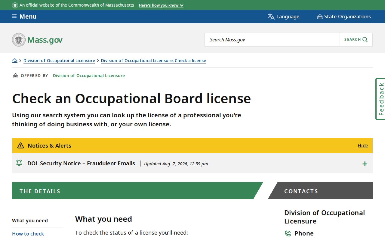 Falmouth resident lookup Massachusetts occupational license search instructions