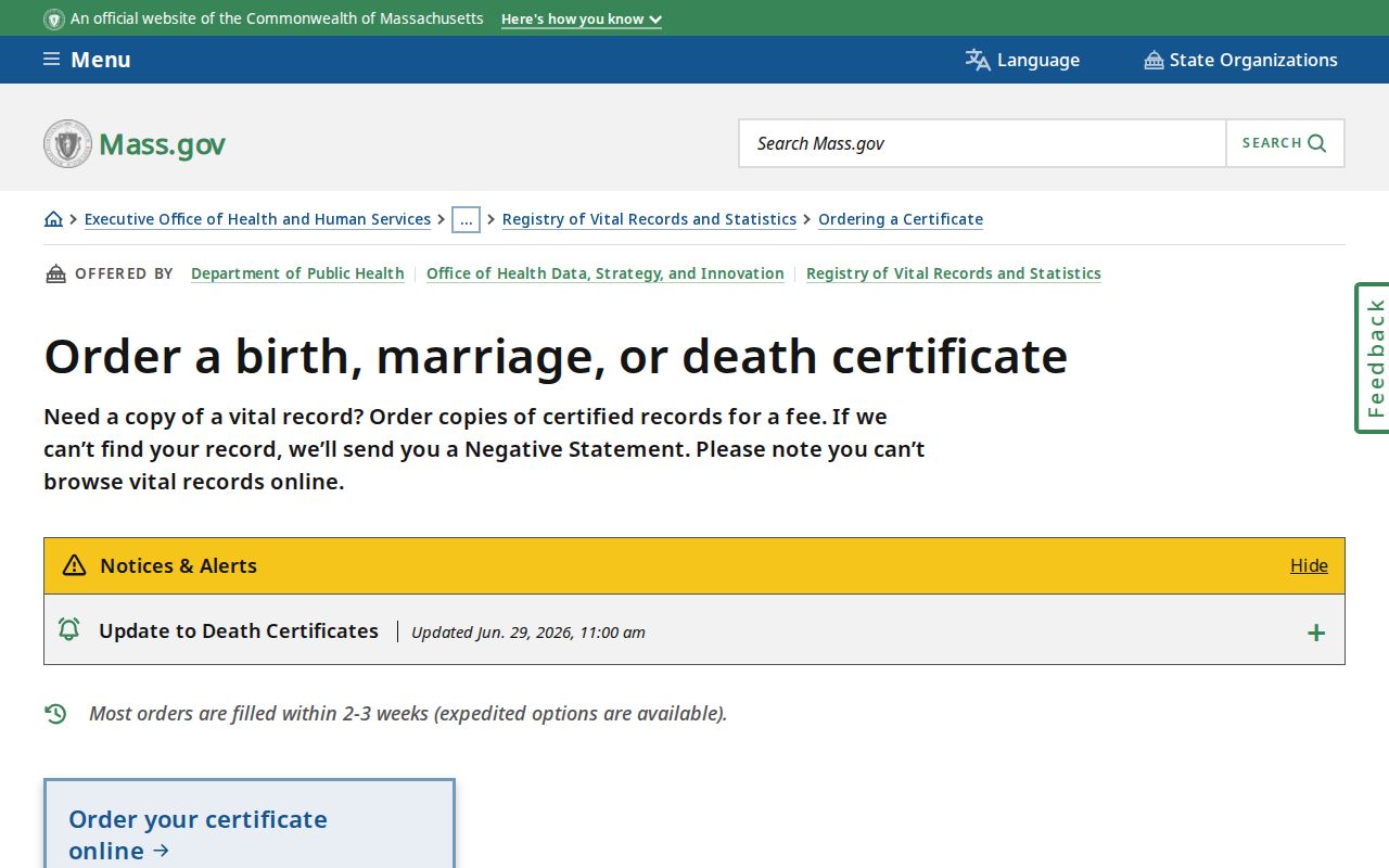 Falmouth resident lookup Massachusetts vital record ordering page