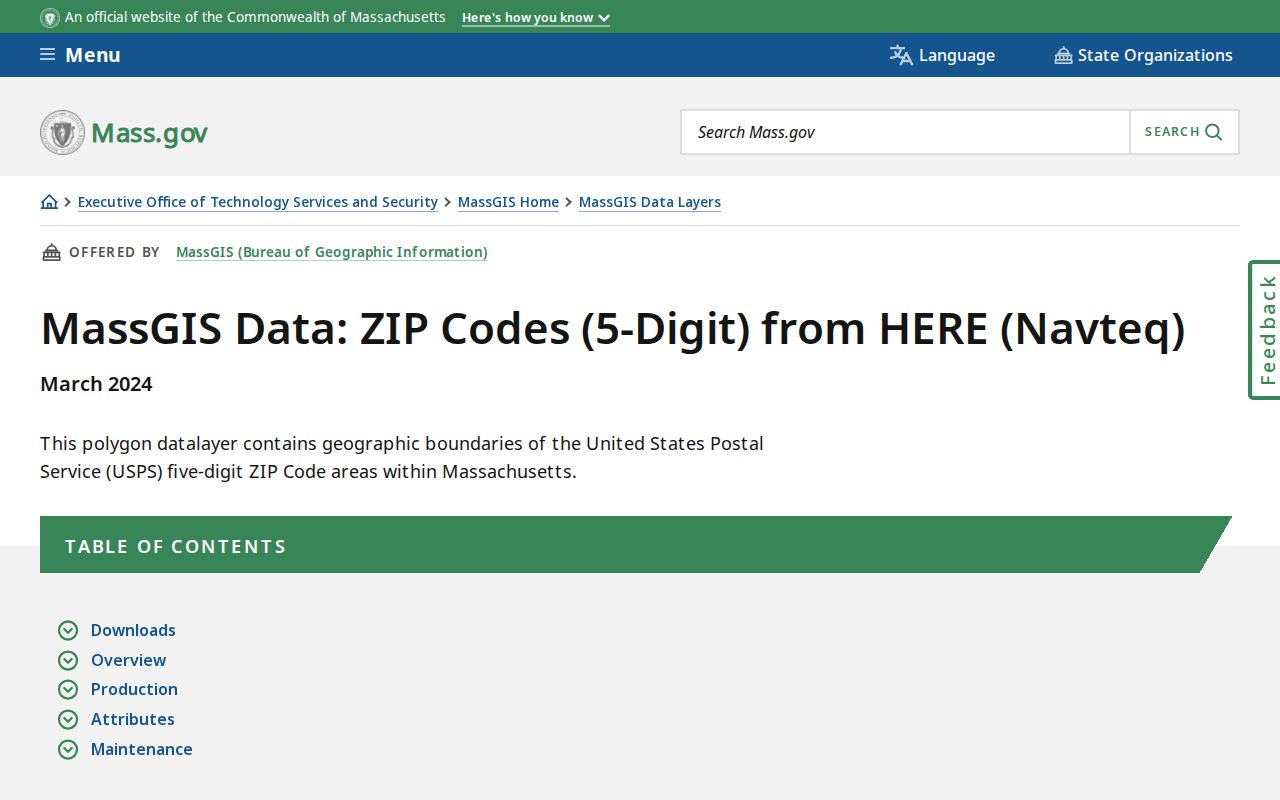 Falmouth ZIP code directory MassGIS ZIP layer documentation